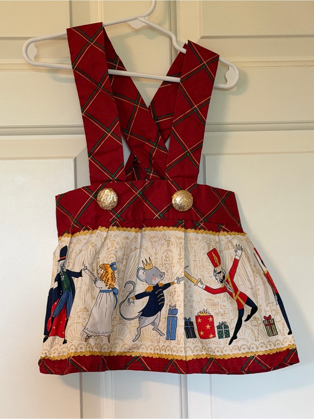 Girls Red Plaid Nutcracker Pinafore Dress with Gold Buttons